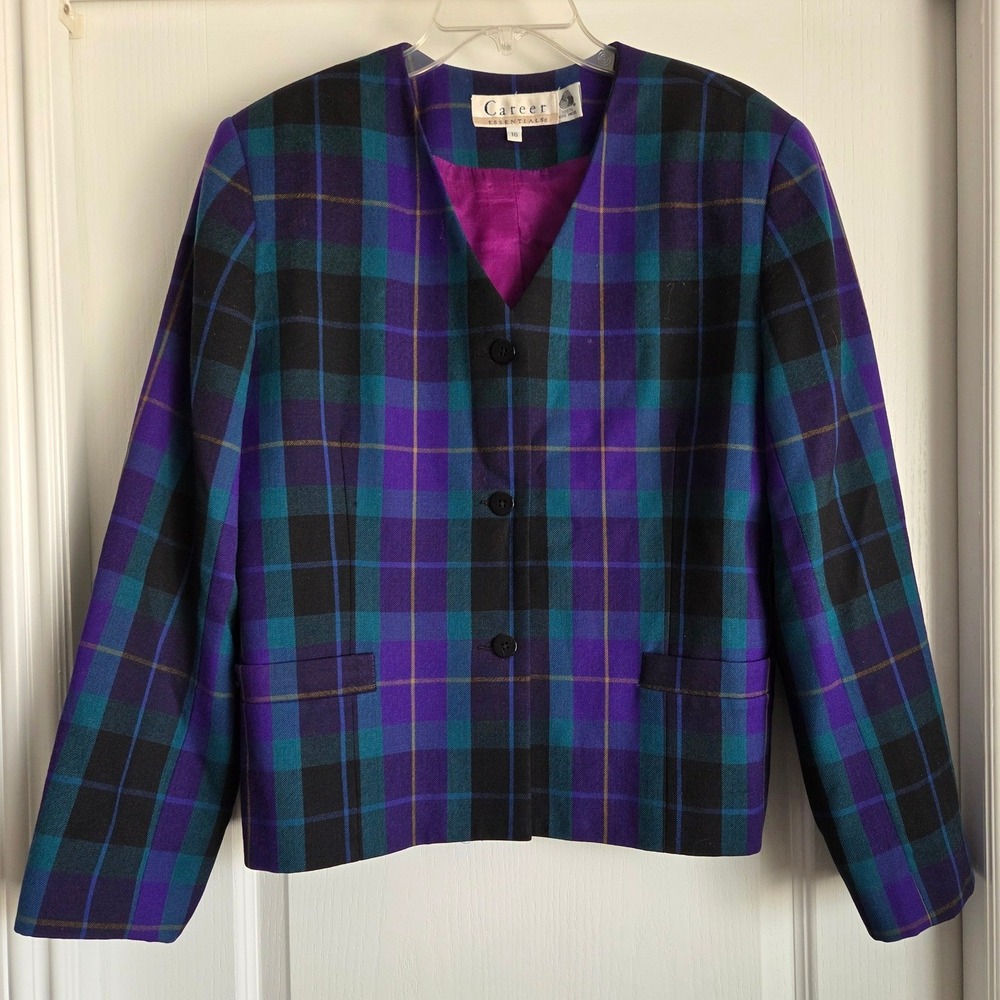 VTG Career Essentials Wool Plaid Collarless Blazer Purple Teal Black Sz 16‎